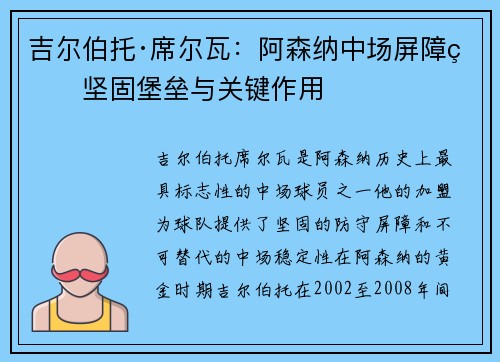 吉尔伯托·席尔瓦：阿森纳中场屏障的坚固堡垒与关键作用