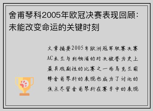 舍甫琴科2005年欧冠决赛表现回顾：未能改变命运的关键时刻